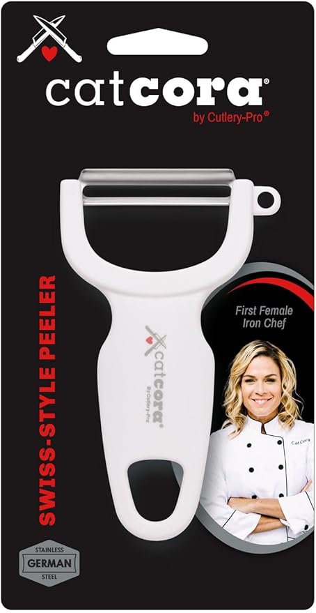 CatCora Swiss-Style Peeler, Professional German Tempered Stainless Steel Blade For Peeling Fruits and Vegetables and Garnishing, Ergonomic Contoured Handle, White