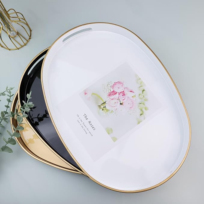 Gold Oval Decorative Tray with Handles, Versatile Serving Tray for Coffee Table, Ottoman, Ideal for Serving, Displaying, Organizing, 15.3"*10.6"*1.37"