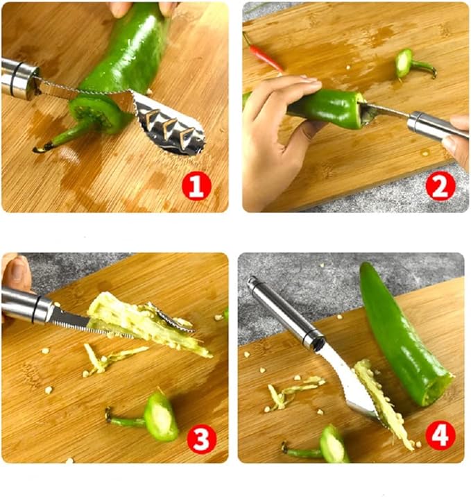 Yiasangly Jalapeno Pepper Corer, Stainless Steel Chili Corer Remover Deseeder kitchen Tool with Serrated Slice and Rubber Handle for Barbecue Cooking Accessories Kitchen Gadgets
