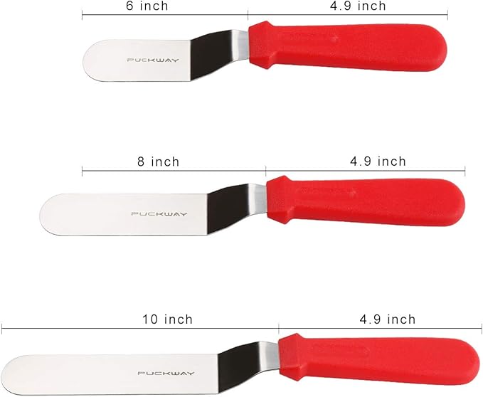 PUCKWAY Offset Spatula set of 3 Red 6 8 & 10 Inch Cake Frosting Angled Icing Spatula for Decorating
