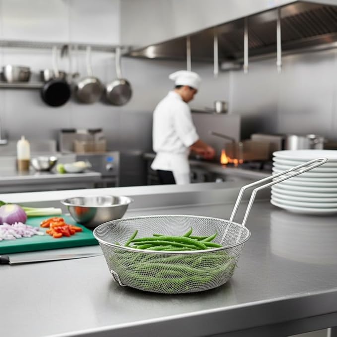 TrueCraftware- 12" Round Fine Mesh Culinary Basket Nickel Plated with 9-1/8" Handle Length- Kitchen Frying Basket Food Strainer Skimmer Strainer for Cooking Home Kitchen Restaurants