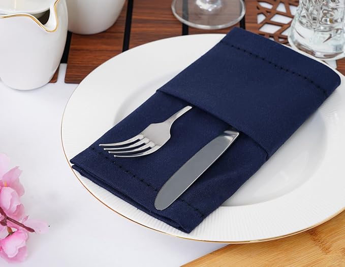 Blue Needles Set of 6 Hemstitch Linen Napkins 100% Cotton Navy Blue Cloth Dinner Napkins 18x18 inches, Soft, Reusable, Absorbent, Washable, Ideal for Wedding Events, Parties & Everyday Use