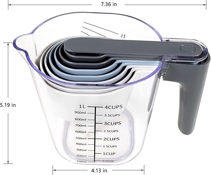 19 Pieces Measuring Cups and Spoons set, Includes 10 Stackable Measuring Cup with Lid and 9 Magnetic Measuring Spoons, BPA Free, Dishwasher Safe (Multicolor)