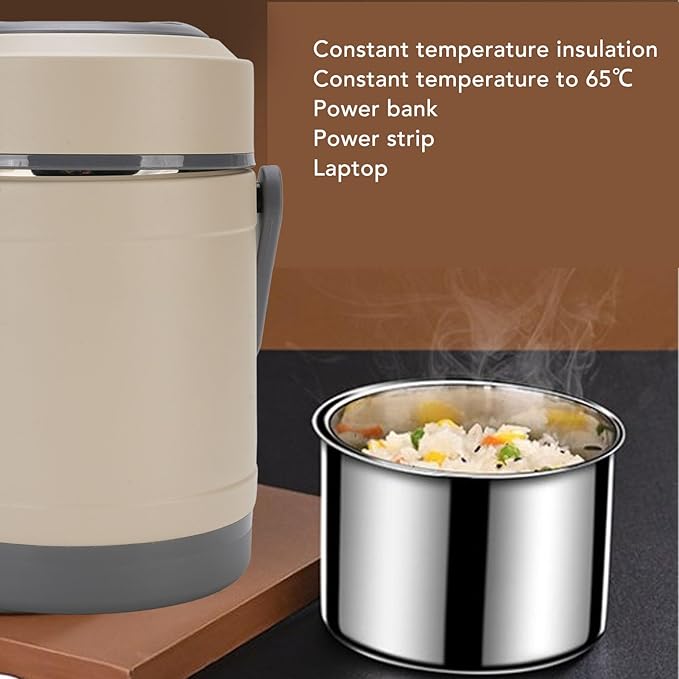 TOPINCN Thermal Cooker Pot Portable Stainless Steel 2L Thermal Cooking Pot with 3+1 Containers Mini Constant Temperature Heat Preservation Lifting Potfor Travel Camping Office (Beige)