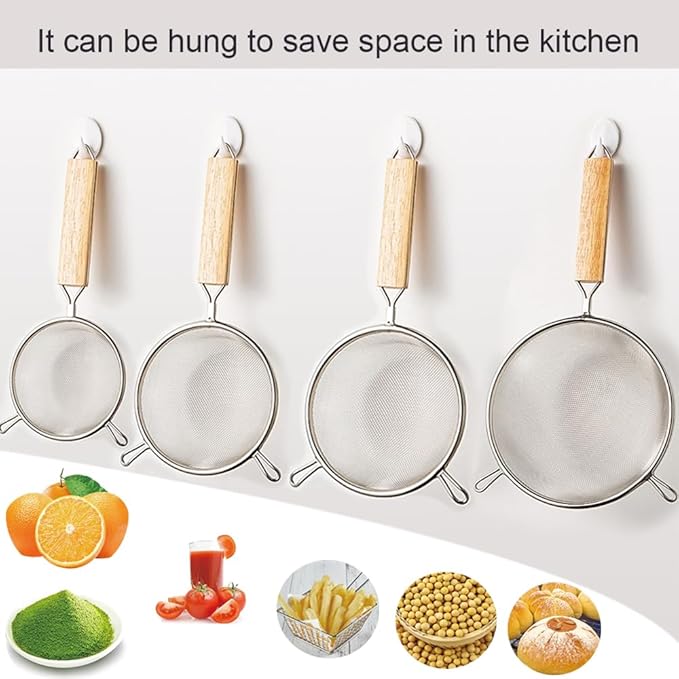 3Pcs Stainless Steel Fine Mesh Strainer Set Versatile Long-Handle Sieves for Flour Tea Coffee Oil Filtering(6Inch,7Inch,8Inch)
