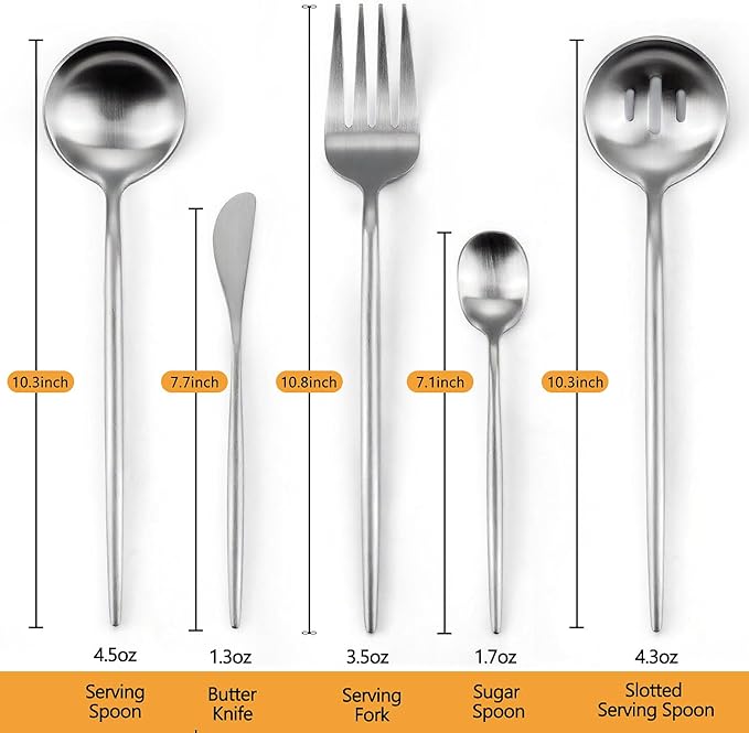 Large Serving Utensils Set,5 Pcs Stainless Steel Silver Serving Utensils with 10.8 Inch Serving Fork,10.3 Inch Serving Spoon,Slotted Serving Spoons,Sugar Spoons,Butter Knife for Party Buffet Banquet