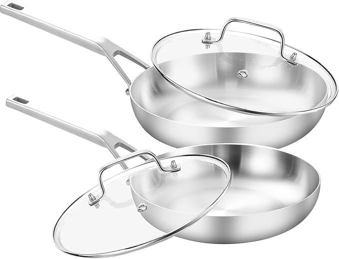 Yeksum Tri - Ply Stainless Steel Frying Pan Set 8" 10" Skillets with Tempered Glass Lids Durable, Ideal for Eggs, Induction Compatible up to 600°F