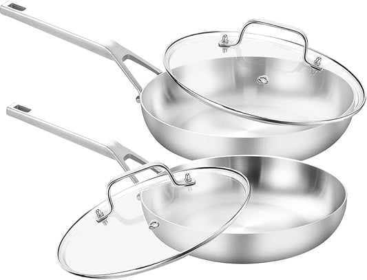 Yeksum Tri - Ply Stainless Steel Frying Pan Set 8" 10" Skillets with Tempered Glass Lids Durable, Ideal for Eggs, Induction Compatible up to 600°F