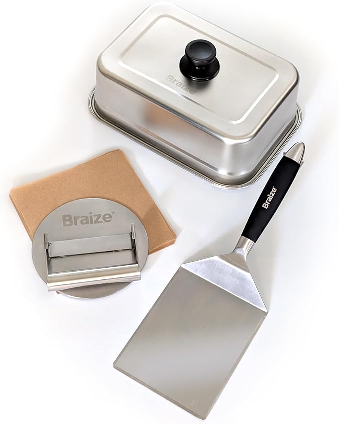 Smash Burger Press Kit – 6.5 Inch Stainless Steel Hamburger Smasher Tool – Heavy Duty Grill Press for Flat Top Griddles and Cast Iron Pans – Perfect for Crispy Smashed Burger Patty – Dome Set