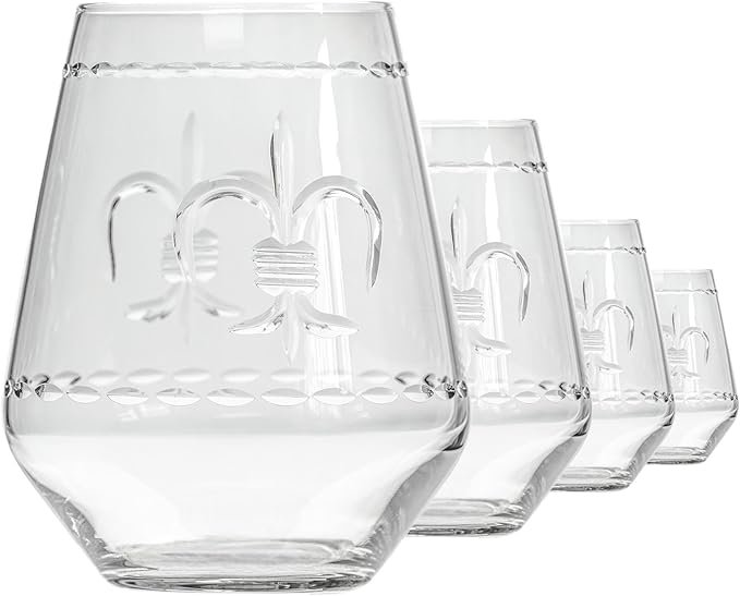 Rolf Glass Fleur De Lis Stemless Wine Tumbler 18 ounce - Stemless Wine Glasses - Lead-Free Glass - Etched Tumbler Glasses - Proudly Made in the USA (Set of 4)