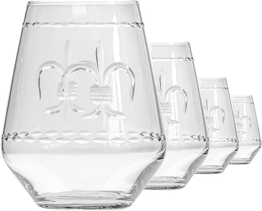 Rolf Glass Fleur De Lis Stemless Wine Tumbler 18 ounce - Stemless Wine Glasses - Lead-Free Glass - Etched Tumbler Glasses - Proudly Made in the USA (Set of 4)