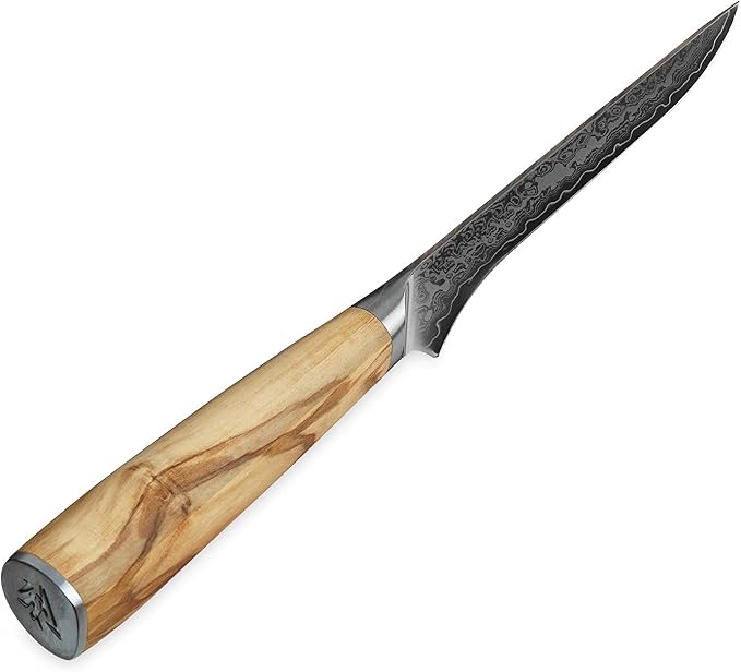 Wakoli Oribu Damascus Boning Knife – Full Tang Kitchen Knife | 5.5-Inch Blade Made of 67-Layer Genuine Damascus Steel with AUS-10 Core | Ergonomic Olive Wood Handle | Sharp & Durable