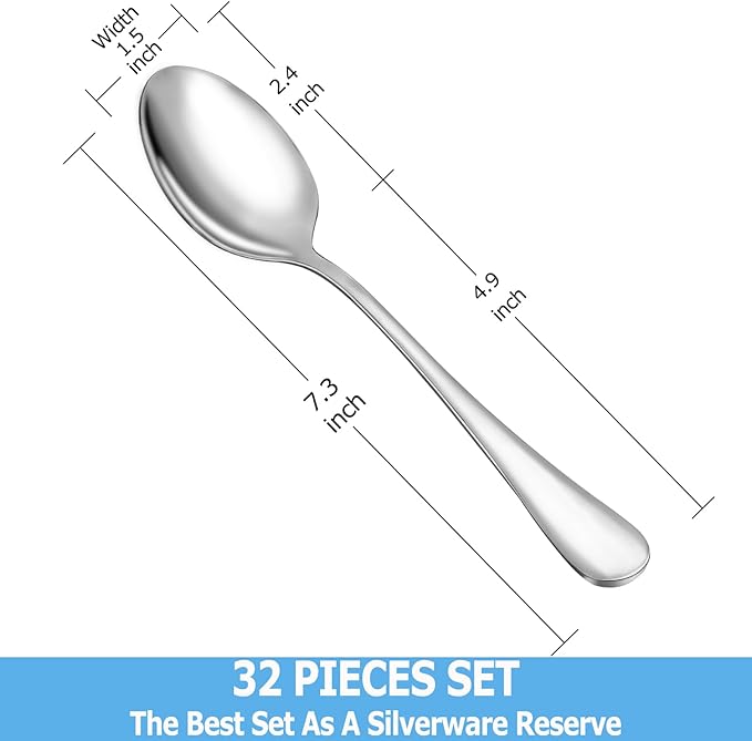 32 Pcs Dinner Spoon Set,Premium Food Grade Stainless Steel Spoons,Durable Metal Spoon,Tablespoon,Spoons Silverware Only,Mirror Finish & Dishwasher Safe,Use for Home,Kitchen and Restaurant - 7.3 inch