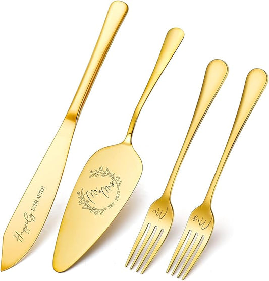 Wedding Cake Knife and Server Set, 4 Pack Stainless Steel Cake Cutting Knife, Slicer and Forks Server for Wedding, Anniversary, Birthday, Baby Shower(Gold)