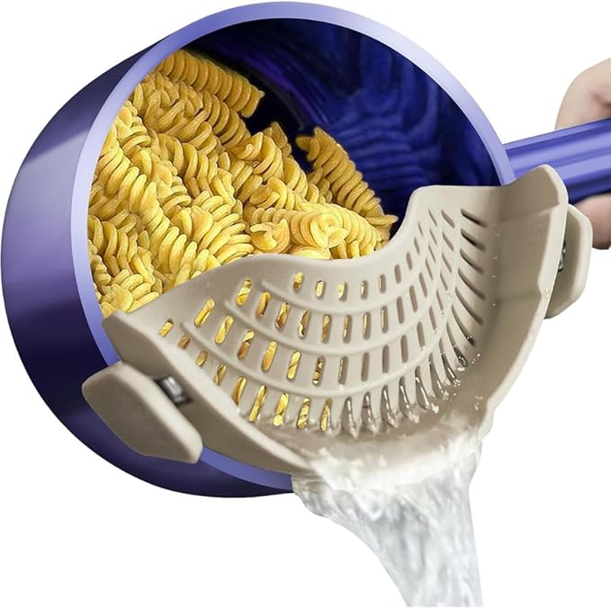 Clip On Strainer Silicone for All Pots and Pans, Pasta Strainer Clip on Food Strainer for Meat Vegetables Fruit Silicone Kitchen Colander (MilkShake)