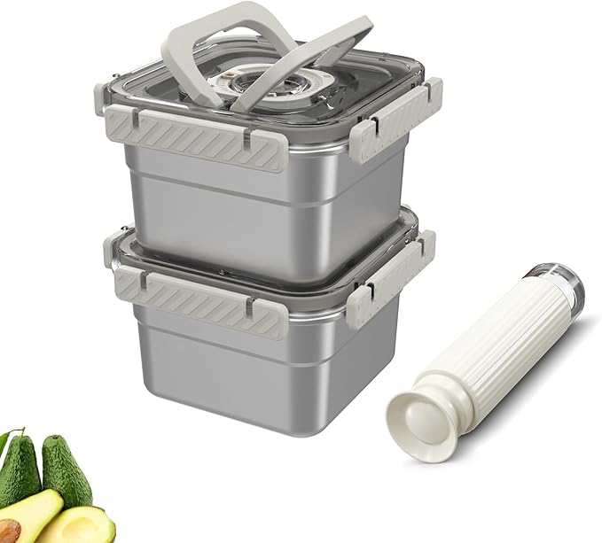 Compact vacuum sealer pump - 2PACK Stainless Steel Vacuum Food Storage Containers [60 fl oz] -With Handles for Easy Carrying, Keep Food Fresh Longer, Leak-Proof, Ideal for Meal Prep, Marinating