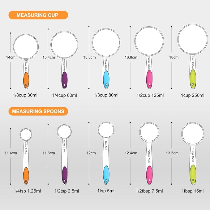 Measuring Cups and Spoons Set, Set of 10 Stainless Steel Measuring Cups and Spoons, with Silicone Handles, Stackable, Easy to Store for Kitchen, Cooking, Baking (Colorful)