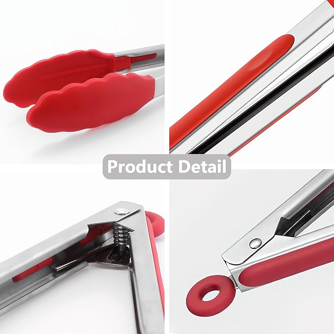 Kitchen Silicone Tongs for Cooking with Non-Slip Silicone Tips, 600°F Heat Resistant Cooking Food Tong Set Heavy Duty Stainless Steel Handle for Baking Grilling BBQ Serving, 2 Pack (9" & 12")
