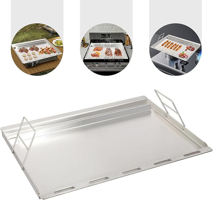 25" x 20" Stainless Steel Griddle Insert for Gas Grill, Flat Top Plate Insert with Grease Drain Hole and Removable Handles for Gas and Charcoal Grills, Camping and Parties