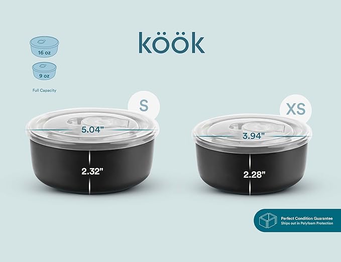 KooK Ceramic Mixing Bowls, Nesting Bowls, Set of 4, Kitchen Bowls, Prep, Serving, Gift, Microwave and Dishwasher Safe, 10/16/29/47 oz, (Black)