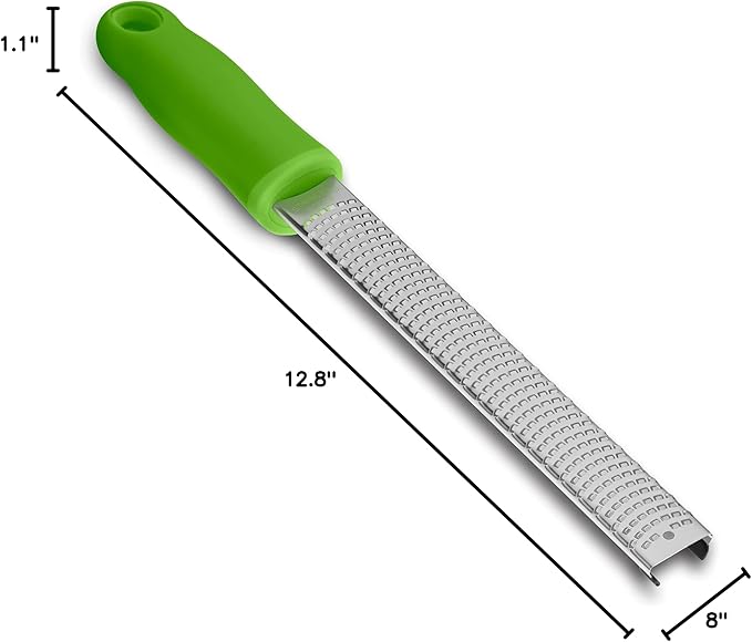 8-Inch Lemon Zester & Cheese Grater 18/8 Stainless Steel Citrus Zester for Lemon, Lime, Parmesan, Garlic & Ginger 8’’ Long Razor Sharp Blade, Ergonomic Non‑Slip Handle with Protective Cover, Green