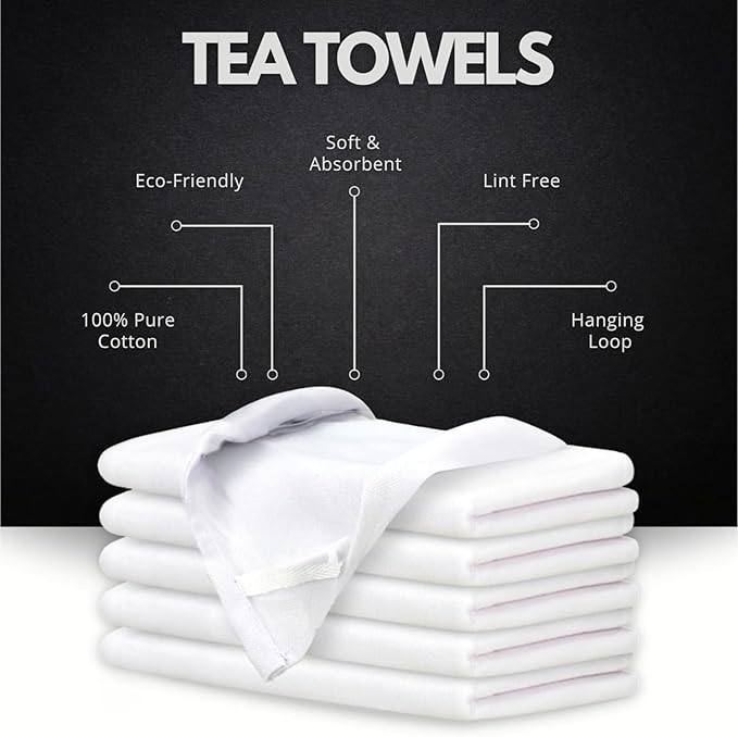 Premium Kitchen Towel (28”x20”, 6 Pack) 100% Cotton Dish Towels Cloths Large Hand Towels Tea Towels for Kitchen with Hanging Loop, Reusable Cleaning Cloths, Fast Dry Lint Free Linen | Pure White