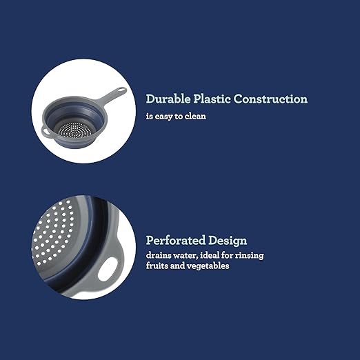 Oster Bluemarine Foldable Handled Strainer – 7-Inch Collapsible Colander for Pasta, Veggies, Fruits, Compact Kitchen Tool, Dishwasher Safe, Blue/Grey