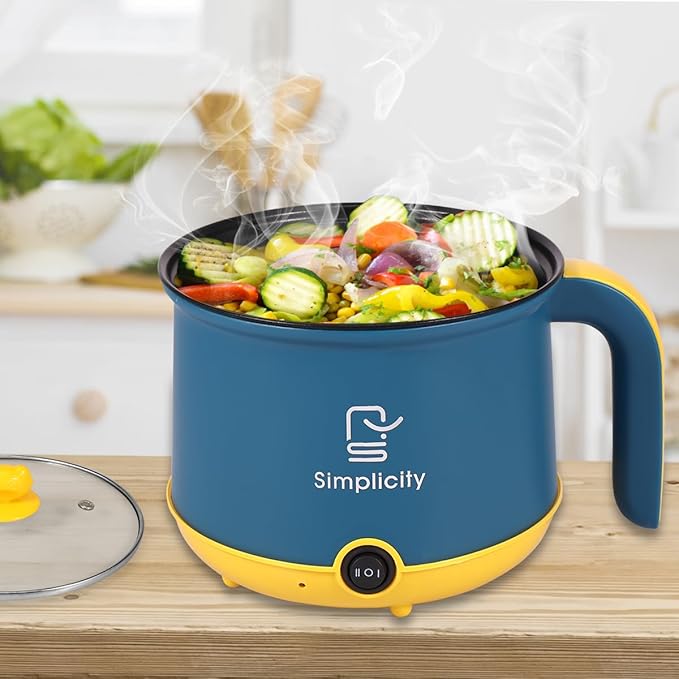 Electric Hot Pot with Steamer 1.8L/55oz, Stainless Steel Non-Stick Ramen Pasta Cooker,Portable Travel Cooker Quick Cook Multi-Functional Electric Skillet for Egg Soup Porridge