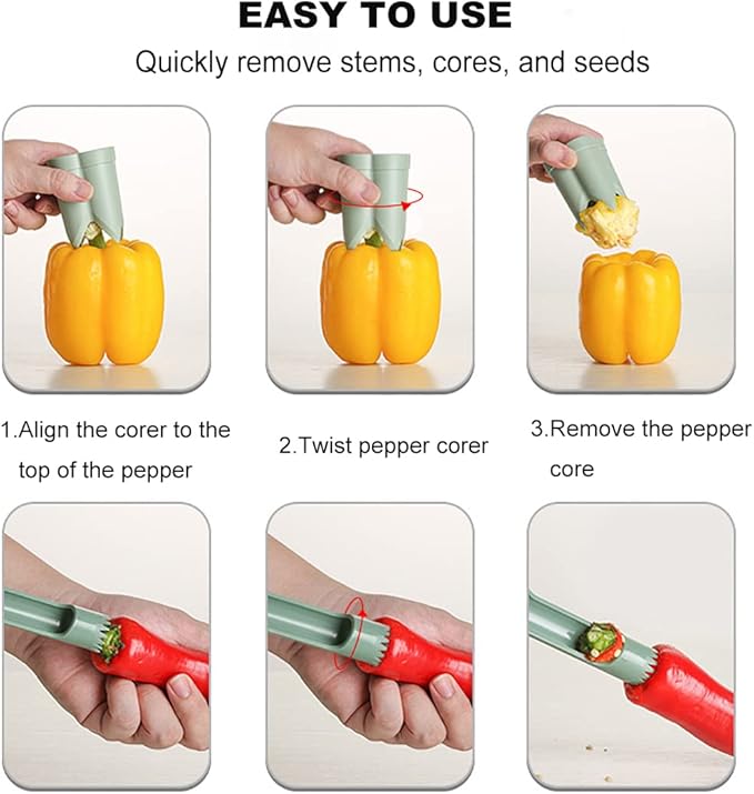 Pepper Corer Seed Remover, Pepper Seed Corer Remover Tool, Bell Pepper Core Cutter Deseeder, 2 in 1 Fruit & Vegetable Core Tools for Kitchen Family Camping BBQ