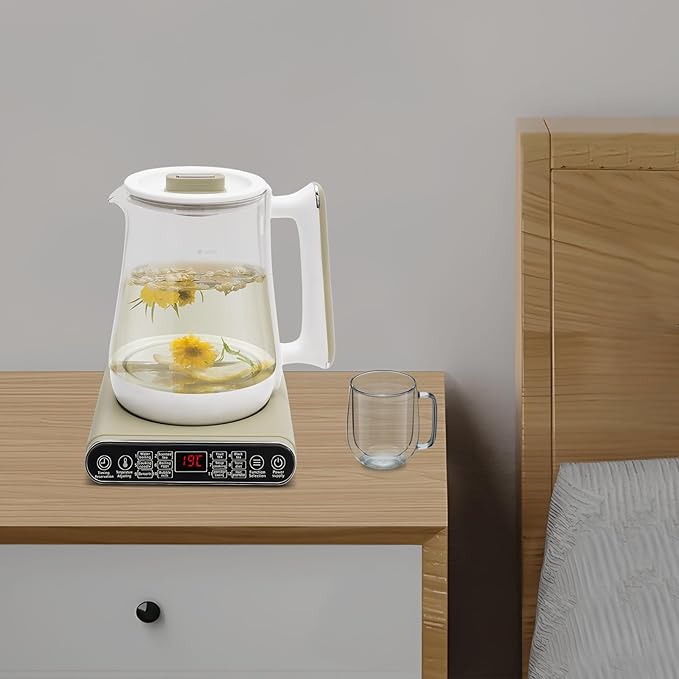 Bepritm 1.8L Multifunctional Electric Glass Kettle & Health Pot – 100-800W Hot Tea Maker, Auto Boiling Water Kettle with Filter, for Coffee, Herbal Decoction & Soup (110V) (White)