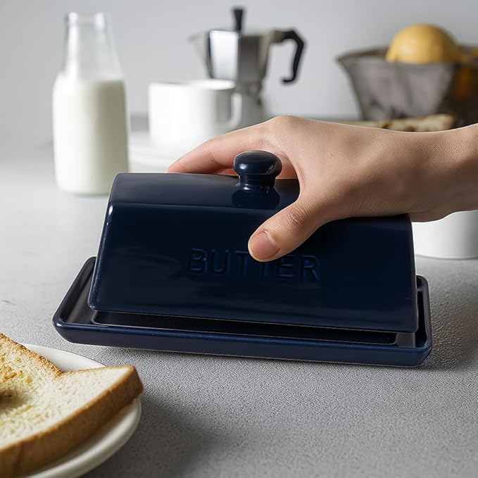 Butter Dish With Lid, WERTIOO Porcelain Butter Keeper With Handle Cover French Butter Dish with Stainless Steel 3 in 1 Butter Spreader Container for Countertop, Dark Blue