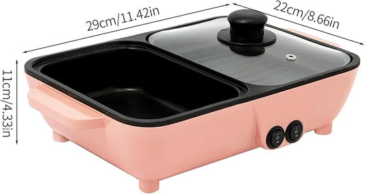 Mini Hot Pot Electric Grill, 2 in 1 Non-Stick Electric Pot Korean BBQ Grill, Indoor Smokeless Hotpot Pot Cooker, Separate Temperature Control (Pink)