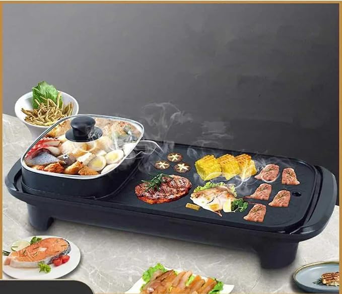 Electric 2 in 1 Grill with Shabu Shabu Hot Pot. Multifunctional Indoor Teppanyaki Korean BBQ Capacity for 2-10 People