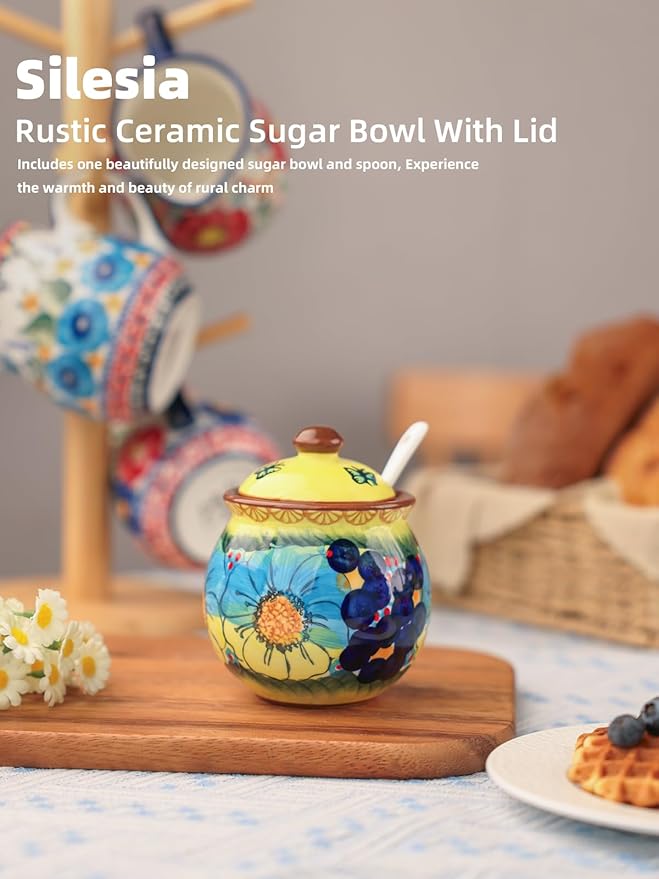 silesia Handmade Sugar Bowl with Lid and Spoon, 8 oz Hand-Painted Ceramic Sugar Jar, Floral Design Seasoning Container for sugar, honey, or spices, Dishwasher Safe (Glazed Yellow)