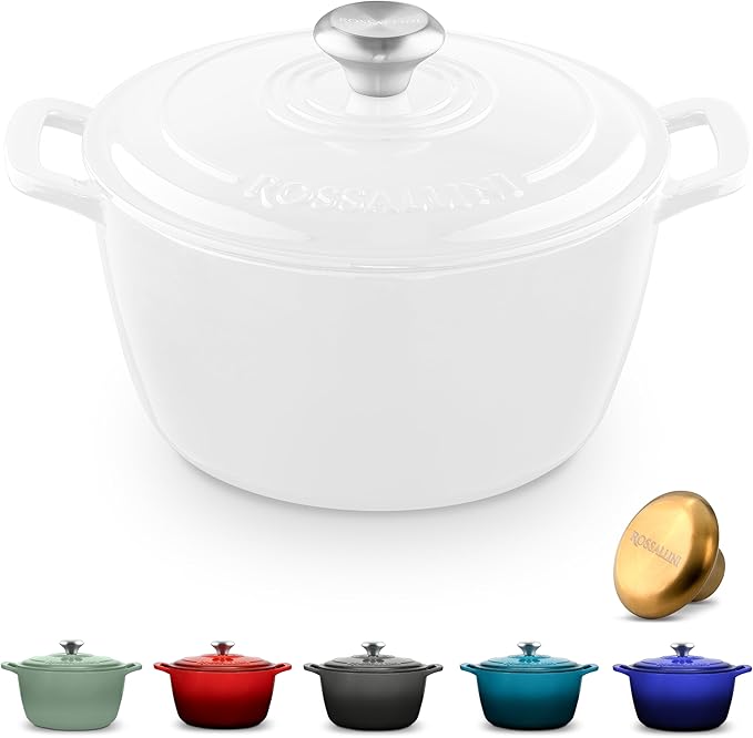 ROSSALLINI Signature Enameled Cast Iron Dutch Oven, Non-Stick Serving Pot with Tight Fitting Lid for Perfect Roasting, Baking, Sauteing, and Bread Making | 13.5Q (12.7L) - White