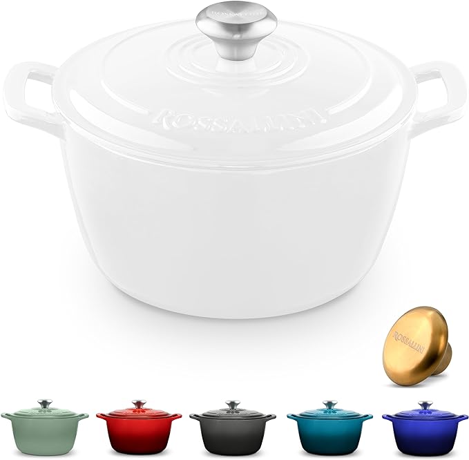 ROSSALLINI Signature Enameled Cast Iron Dutch Oven, Non-Stick Serving Pot with Tight Fitting Lid for Perfect Roasting, Baking, Sauteing, and Bread Making | 2Q (1.9L)