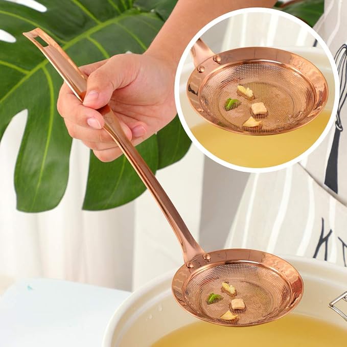 Set of 2 Food Strainers Fine Mesh, Mingcheng 304 Stainless Steel Hot Pot Fat Skimmers for Cooking Grease Gravy and Foam with Long Handle, Small(Dia 3.54in) and Large(Dia 4.53in) Size Rose Gold