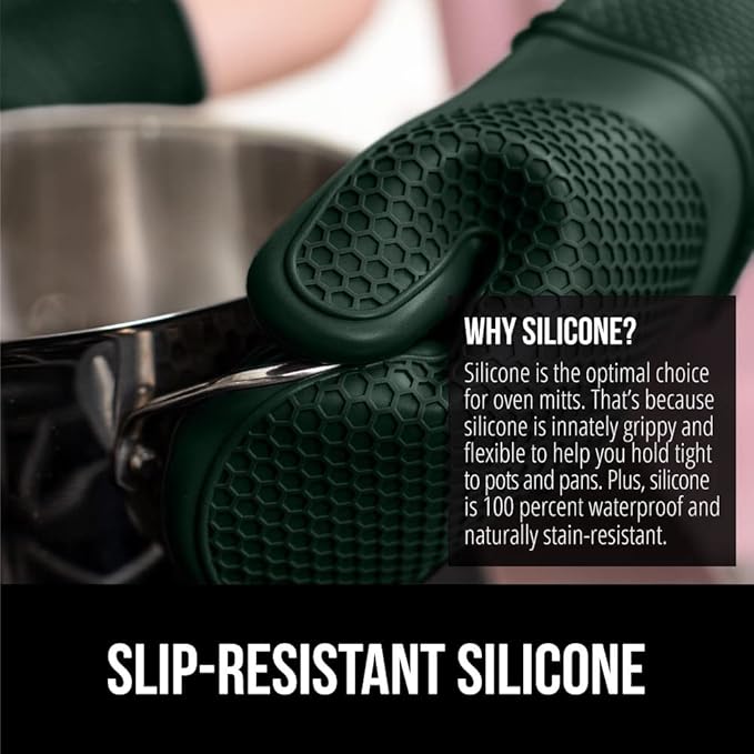 GORILLA GRIP BPA-Free Soft Silicone Oven Mitts, Heat Resistant and Waterproof Cooking Gloves, Thick Cotton Lining, Flexible Gripping for Baking Grilling, Kitchen Potholders Set, 12.5x8.3, Hunter Green