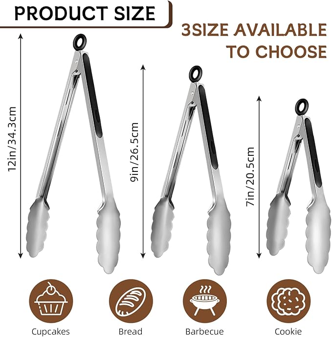 12 Pcs Stainless Steel Kitchen Tongs, 7/9/12 Inch High Heat Resistant Cooking & Serving Tongs with Locking for Grill Salad