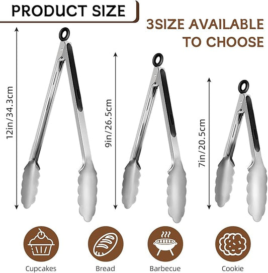 3 Pcs Stainless Steel Kitchen Tongs, 7/9/12 Inch High Heat Resistant Cooking & Serving Tongs with Locking for Grill Salad