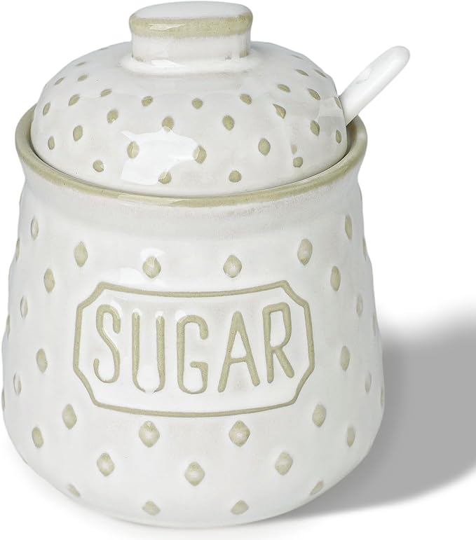 Sugar Bowl with Lid and Spoon, 10 OZ Ceramic Sugar Container for Kitchen Accessories, Sugar Storage Containers, Farmhouse Decor (Vintage White)