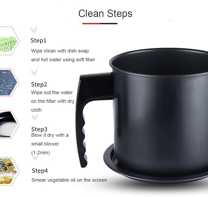 Cambom Bacon Grease Container with Fine Mesh Strainer, 1.3 L almost 6 Full Cups Iron Cooking Oil Can with Removable a Coaster Tray for Kitchen Fat Storage Black
