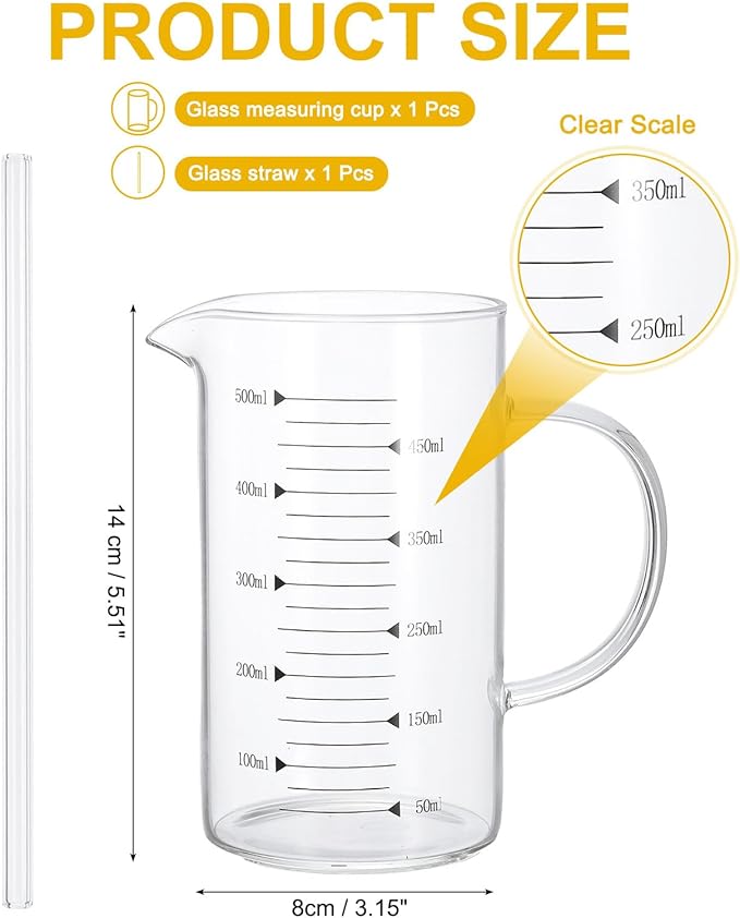 PATIKIL 500ml Glass Measuring Cup, Borosilicate Glass Beaker Graduated Liquid Measure Cups with Straw V-Shaped Spout for Kitchen Drinking Restaurant, Black Printed Scale