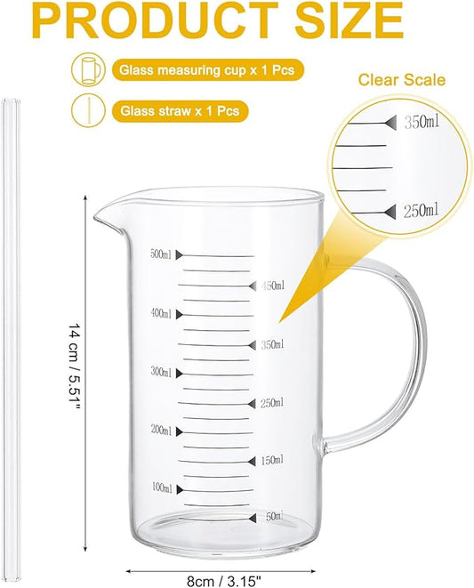 PATIKIL 500ml Glass Measuring Cup, Borosilicate Glass Beaker Graduated Liquid Measure Cups with Straw V-Shaped Spout for Kitchen Drinking Restaurant, Black Printed Scale