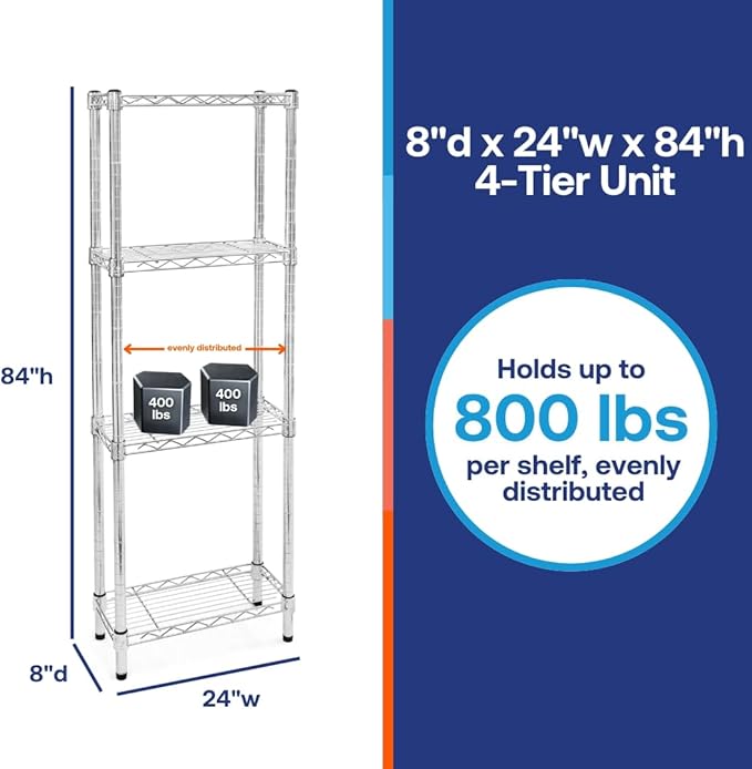 Shelving Inc. 8" d x 24" w x 84" h Chrome Wire Shelving with 4 Tier Shelves, Weight Capacity 800lbs Per Shelf