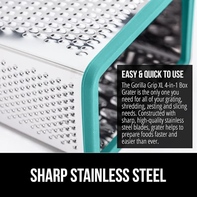 GORILLA GRIP 4-Sided Stainless Steel Cheese Grater With Container, 100% BPA-Free Box Grater, Slip Resistant Base and Handle, Grate Parmesan, Hard Cheeses, Shred Veggies, Dishwasher Safe, Turquoise