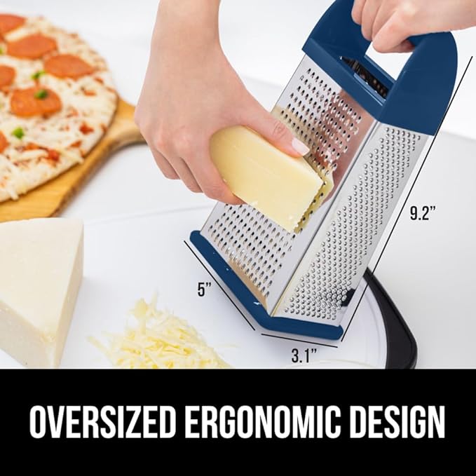 GORILLA GRIP 4-Sided Stainless Steel Cheese Grater With Container, 100% BPA-Free Box Grater, Slip Resistant Base and Handle, Grate Parmesan, Hard Cheeses, Shred Vegetables, Dishwasher Safe, Blue
