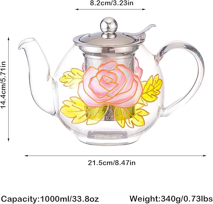 1000ml/35oz Hand Painted Pattern Glass Teapot For Stovetop,Tea Pot For Loose Tea,Glass Tea Kettle With Infuser (Rose)