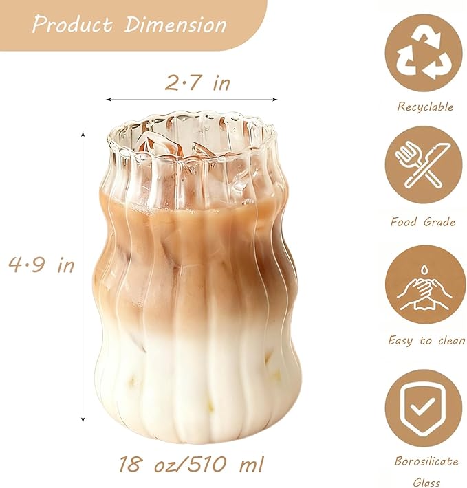 2 Pcs Ribbed Glass Cups, 18 oz Aesthetic Drinking Glasses for Coffee, Iced Drinks, Matcha - Cute Wavy Design Glassware