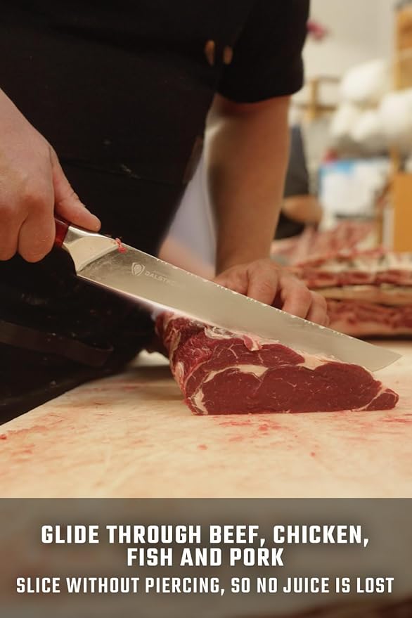 Dalstrong Slicing Knife - 12 Inch Slicer - Valhalla Series - 9CR18MOV HC Steel - Red Resin & Wood Handle - Razor Sharp - Carving, BBQ, Brisket - With Leather
